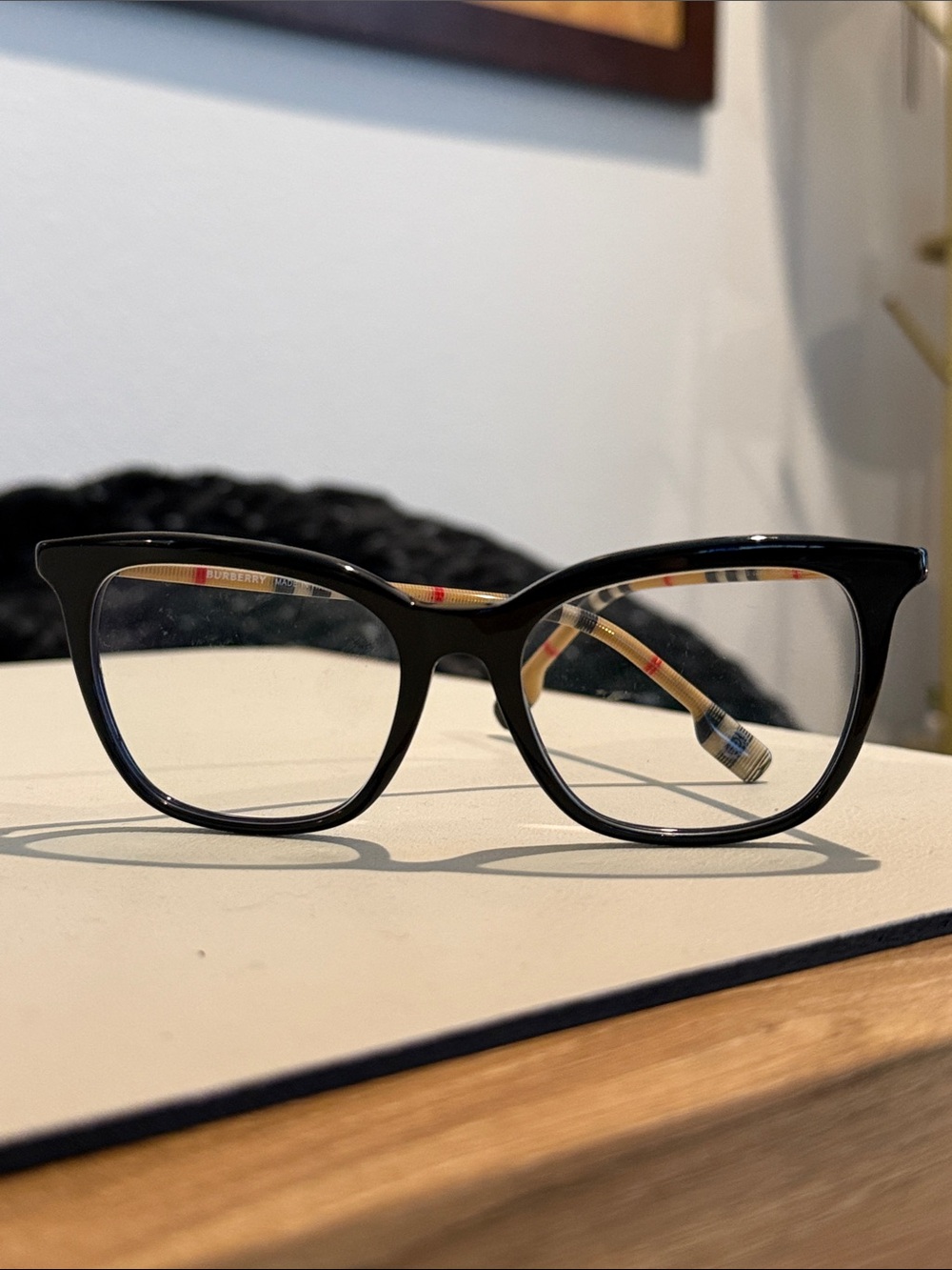 Burberry Black Cat-Eye Glasses with Signature Check Temples